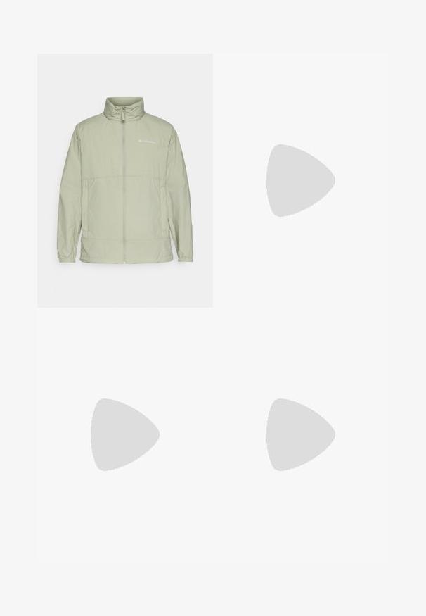 Light green zip-up jacket with a stand collar, elastic cuffs, and logo accent. Features a smooth, lightweight fabric and a relaxed fit.; Beige cotton t-shirt with short sleeves, crew neck, and a small black logo on the left chest area. Smooth texture, casual design.; Navy cargo pants in durable fabric, featuring a button closure, five pockets, and tapered legs with slight texture.; Black outdoor shoes with mesh and synthetic material, featuring a textured upper, secured lacing system, and a rugged outsole, on rocky terrain.