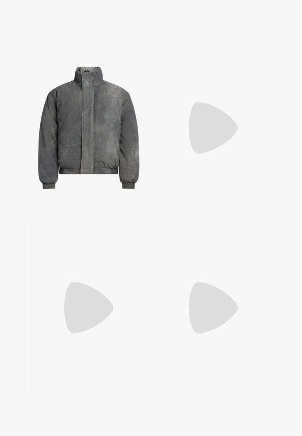 Puffer jacket in textured gray fabric with a high collar, front zipper closure, and elastic cuffs. Features minimalistic design and no visible logos.; Black short-sleeve T-shirt made of ribbed fabric, featuring a crew neckline and a simple, boxy silhouette.; Black denim pants featuring a straight-leg cut, five-pocket design, and a front button closure. Smooth texture with minimal stitching details.; Light beige loafers with a pointed toe, smooth material, a strap across the vamp, and a low brown sole. Simple design with minimal accents.