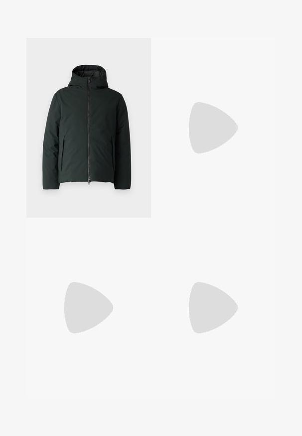 Dark green, hooded puffer jacket with a front zipper, two side pockets, and a smooth texture. Features a minimalist design.; BOSS TEE - Basic T-shirt - open white; Cream-colored casual pants with a drawstring waist and straight legs, displayed against a plain white background.; White leather sneaker featuring a textured upper, a round toe, minimalistic design, and a rubber sole with stitched detailing.