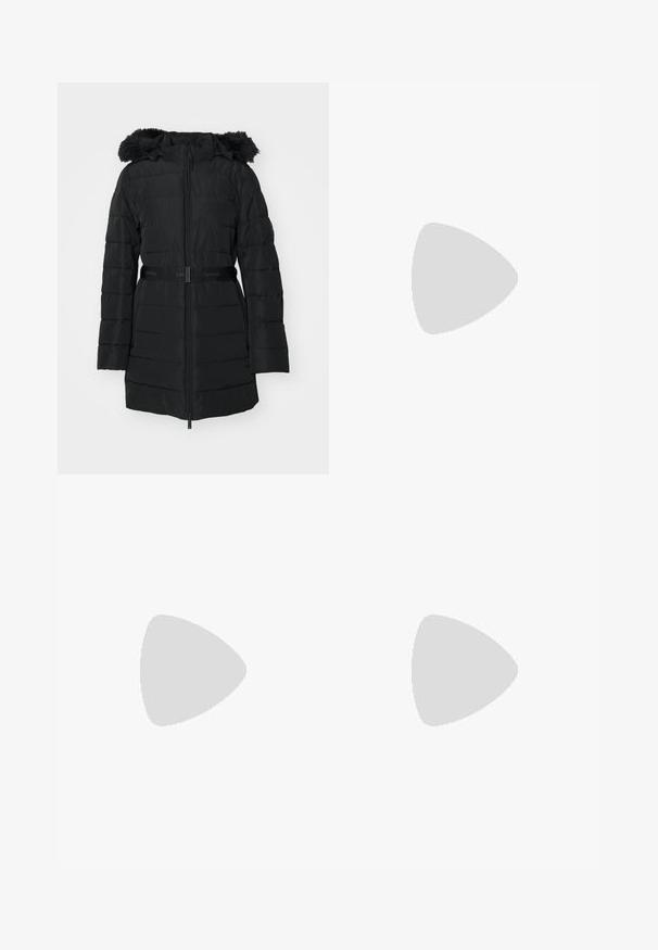 Calvin Klein PADDED BELTED  - Klassisk kåpe / frakk - black; Hvit bomull t-skjorte med korte ermer, rund hals og avslappet passform. Glatt tekstur, ingen mønstre eller detaljer, minimalistisk design.; Vide bukser i lys beige bomull. Har høy midje, frontlommer og rett passform. Renslig søm uten mønstre.; Lys blå patentlær mule med spiss tå, lav gjennomsiktig hæl og en elegant design med utskjæring på vampen.