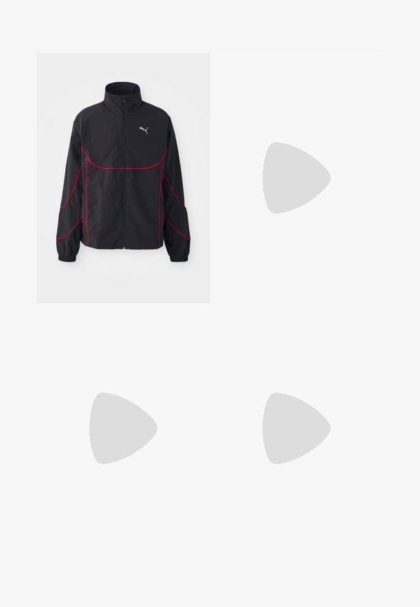 Schwarze Jacke mit roten Akzenten, hohem Kragen, durchgehendem Reißverschluss, langen Ärmeln und elastischen Bündchen. Verfügt über ein kleines Logo auf der Brust.; Drei schlichte weiße Baumwoll-T-Shirts mit kurzen Ärmeln. Jedes Shirt hat einen runden Ausschnitt und ein kleines schwarzes Logotipo auf der linken Seite.; Schwarze Sporthose mit elastischem Bund, rotem Seiteneinsatz, Reißverschlusstaschen und lockerer Passform. Hergestellt aus leichtem, strukturiertem Material.; Rosa Wildledersneaker mit grauen Akzenten, stromlinienförmigem Design, strukturiertem Obermaterial und schwarzer Gummisohle. Mit dem Puma-Logo an der Seite.