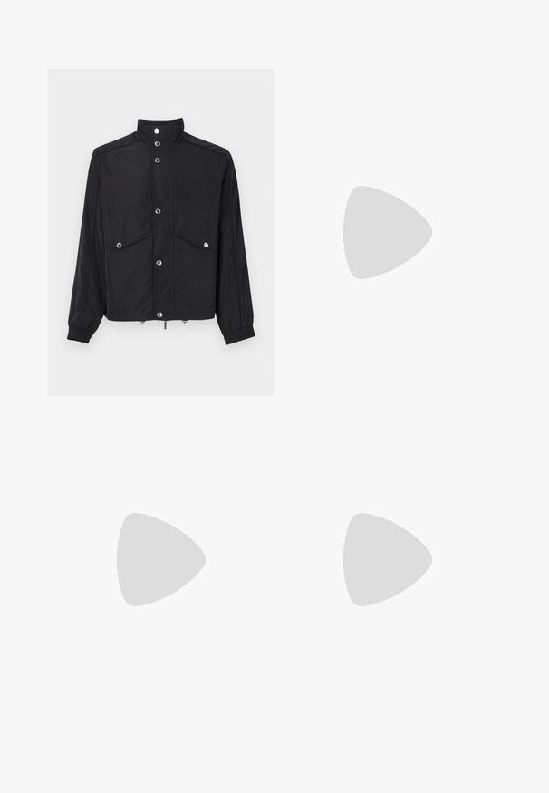 Black jacket made of glossy fabric, featuring a stand collar, two front pockets, button closure, and elasticized cuffs. Silver hardware accents.; Striped button-up shirt in black and white, featuring long sleeves, a classic collar, and a chest pocket with horizontal stripes.; Gray denim jeans featuring a straight-leg cut, five-pocket design, and a button closure at the waistband. Subtle faded texture throughout.; White leather sneaker with a smooth finish, round toe, flat laces, and a textured sole. Features a subtle logo on the heel.