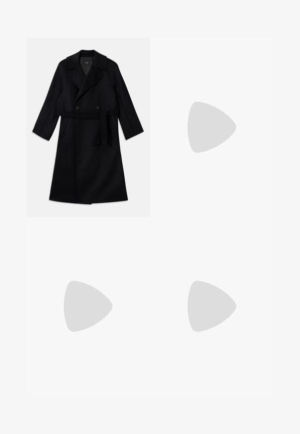 Long black double-breasted coat with wide lapels, a tie belt, and side pockets, made from a smooth woolen fabric.; White cotton t-shirt with short sleeves, round neckline, relaxed fit, and stitched hem. Label visible on the inside neck.; White wide-leg trousers made from cotton with a smooth texture. Features a front button, zipper fly, and four-pocket design.; Black leather knee-high boots with a smooth texture, square toe, block heel, and side pull tab, featuring minimal stitching details.