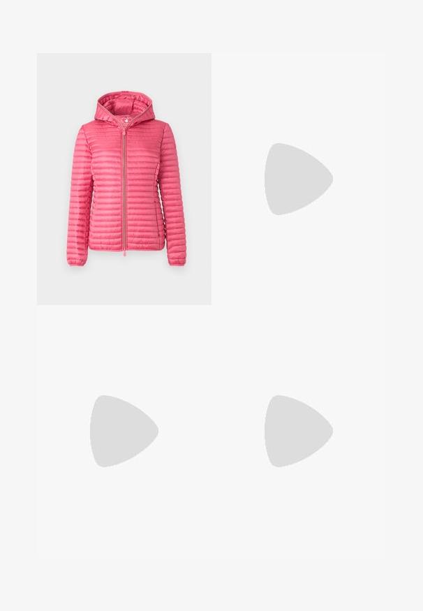 Pink puffer jacket with a hood, featuring horizontal quilted texture, front zipper, and elastic cuffs for a secure fit.; White cotton t-shirt features a round neck, short sleeves, and a small black "Calvin Klein" logo on the chest. Simple design, no patterns.; White wide-leg trousers made of lightweight fabric, featuring a smooth texture, clean lines, and a high waist design.; Black leather sneaker with a rounded toe, white platform sole, and black laces. Features a subtle logo on the heel and smooth texture.