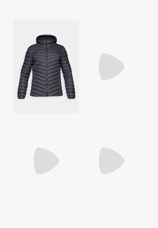 Dark gray hooded puffer jacket with chevron quilted texture, front zipper closure, and elastic cuffs. Lightweight and streamlined design.; Black short-sleeve T-shirt made from lightweight fabric. Features a white logo on the upper left chest, round neckline, and smooth texture.; The North Face HORIZON PANT - Outdoor trousers - black; Black trail running shoe with a textured upper, rubber sole, and reinforced toe cap. Features a padded collar and pull tab for easy wear.