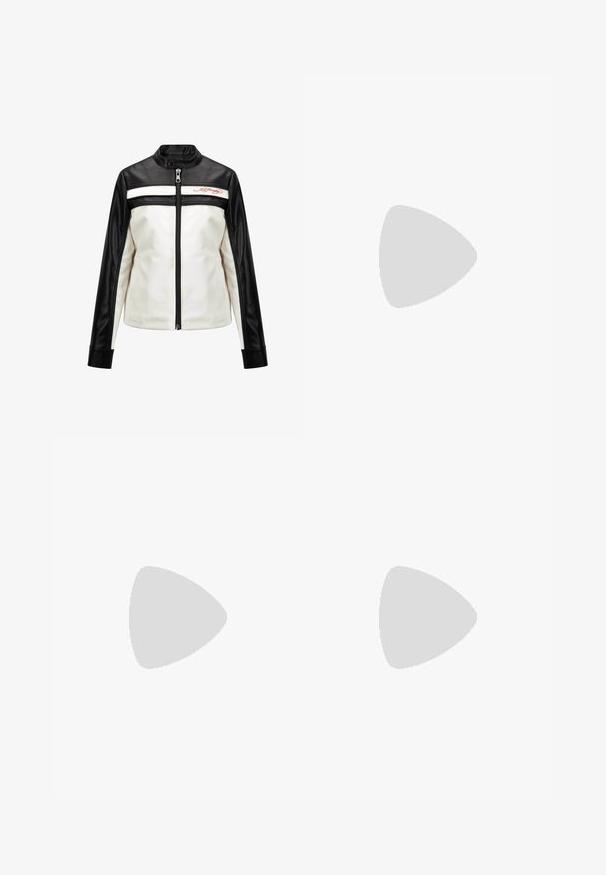 Ed Hardy TILL DEATH BIKER - Faux leather jacket - grey; Calvin Klein NANO LOGO REGULAR - Basic T-shirt - bright white; Calvin Klein HIGH RISE WIDE - Wide Leg - denim light; COACH BRYNN - Sandals - chalk