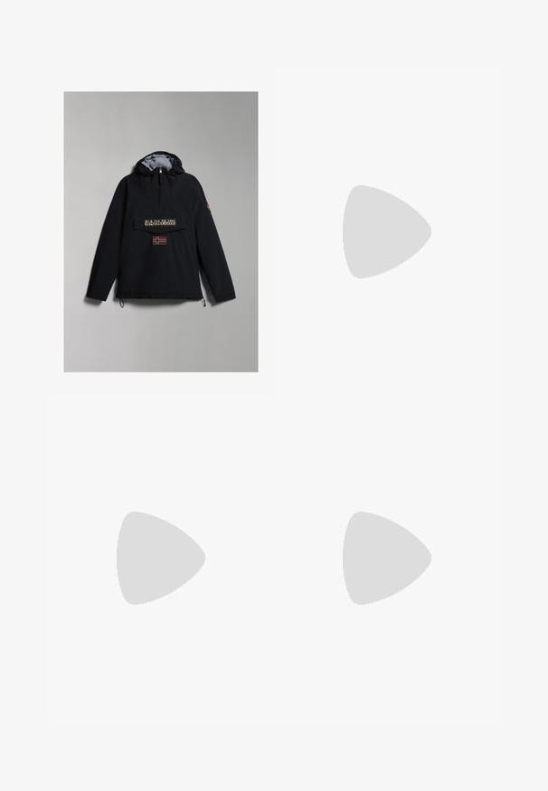 Black hooded anorak jacket with gray lining, front pocket, logo print, and a Norwegian flag patch at the chest. Adjustable hem drawstrings.; Gray cotton blend t-shirt with black Nike logo; features a small Nike label on the side hem; simple design, short sleeves.; Beige cargo pants in a lightweight cotton material. Features elastic cuffs, multiple side pockets, and a button closure.; White leather sneakers with perforations, round toe, flat sole, and thick laces, featuring a visible swoosh logo and "AIR" on the heel.