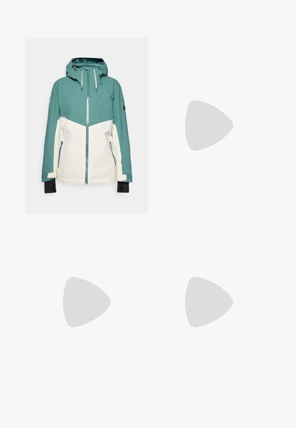 Jachetă de schi teal și cremă cu fermoar frontal, glugă ajustabilă, buzunare cu fermoar și mansete elastice. Textură netedă, material durabil.; Tricou alb din bumbac, cu un grafic mare și sclipitor, de culoare închisa, al logo-ului Adidas trefoil pe față. Mâneci scurte și guler rotund.; Pantaloni largi de culoare crem, cu un model în zigzag, având un brâu cu logo negru și dungi laterale negre. Material ușor, texturat.; Adidași crem și lavandă cu trei dungi și o talpă texturată maro, având șireturi și un călcâi căptușit. Superior din material moale.