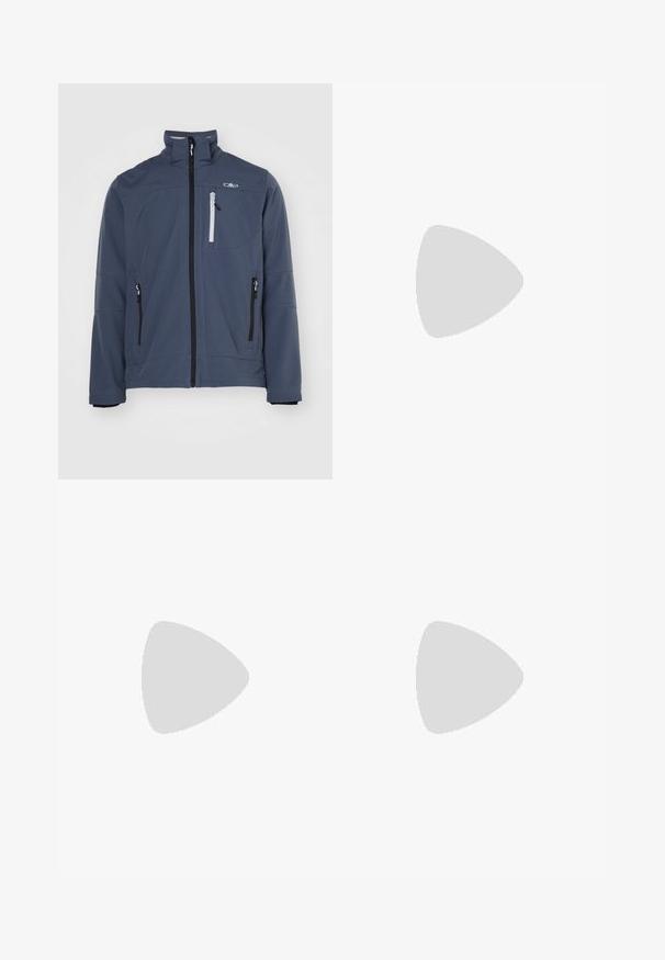 Softshell-jakke i mørkeblå, med høj krave, frontlynlås, lynlåslommer og et lille logo på brystet. Glat tekstur.; Sort t-shirt med korte ærmer lavet af letvægtsstof. Har et lille hvidt logo på venstre bryst og diskrete skuldrelementer.; Sorte atletiske bukser lavet af letvægtsstof, med en snor i taljen, sidelommer og tapered manchetter ved anklerne.; Grå løbesko med en tekstureret overdel, flade snørebånd, robust sål og en hæltab med branding. Accenter i mørkere nuancer af grå.