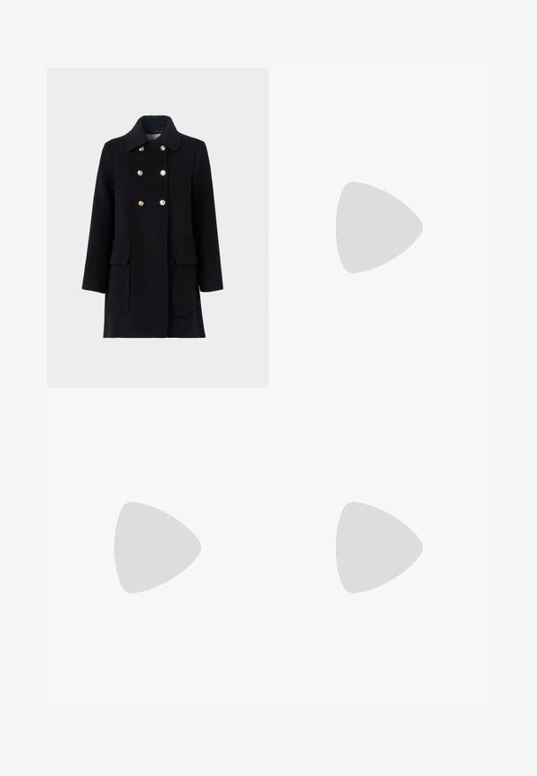 Black wool coat with a notched collar, double-breasted gold button closure, two patch pockets, and a straight cut. Smooth texture, minimal design.; Black, sleeveless tank top with a square neckline. Made of smooth fabric, featuring a simple design and a stitched logo detail inside.; Beige tailored trousers with a straight fit, featuring pleats at the front, a smooth texture, and a mid-rise waist. No visible pockets.; Black heeled sandals with multiple narrow straps, a slingback design, and a silver accent on the heel. Smooth upper material and square heel.