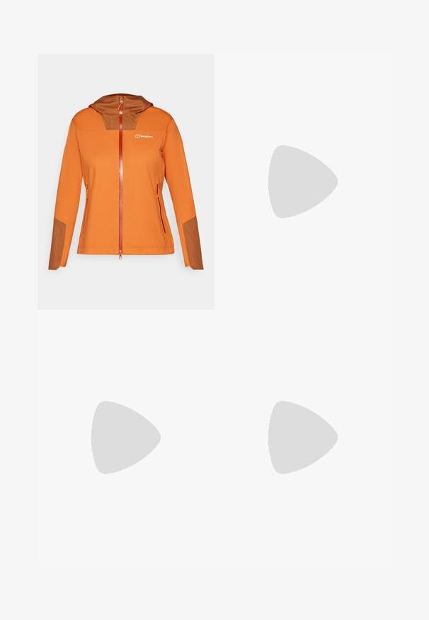 Orange softshell jacket with a brown hood insert, full zip closure, side pockets, and contrasting brown accents on the sleeves.; Light purple short-sleeve t-shirt made of cotton, featuring a round neckline and a small white logo on the chest. Smooth texture.; High-waisted leggings in dark grey, made from textured fabric. Features a fitted design and side pockets for storage.; Black hiking boot with a mid-top design, featuring a textured upper, gray accents, and durable rubber sole with traction lugs.; Black Columbia Titanium backpack with a smooth fabric texture, side pockets, top handle, and adjustable straps. Minimalist design with subtle branding.