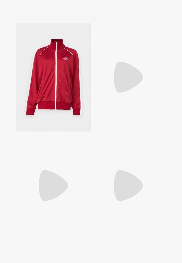 Red zip-up jacket with high collar, white accents on shoulders, two front pockets, and ribbed cuffs and hem. Features embroidered logo on chest.; White cotton t-shirt with short sleeves, round neckline, relaxed fit, and stitched hem. Label visible on the inside neck.; Cream-colored wide-leg jeans made of denim, featuring a high waist, front pockets, and a single-button closure for a relaxed fit.; White leather sneakers with a smooth texture, round toe, minimal eyelets, and a flat rubber sole. Simple design with no additional accents.