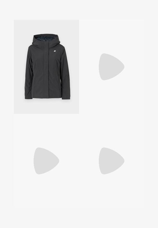 Giacca con cappuccio grigio scuro caratterizzata da una texture liscia e opaca, zip frontale e design minimalista con un piccolo logo sul petto.; T-shirt bianco a maniche corte con righe orizzontali blu navy, con logo "Tommy Hilfiger" ricamato sul petto. Design classico con collo a giro.; Gonna bianca plissettata con elastico nero in vita che presenta il logo "LACOSTE". Design di lunghezza media con texture morbida.; Sneaker bianchi in pelle con suola spessa bianca, accento in suede nero sul tallone e logo impresso sul lato. Design con lacci e sei fori per i lacci.