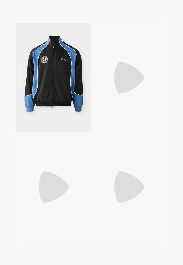 Black and blue athletic jacket, zippered front, contrasting white piping, logo patch on chest, ribbed cuffs, smooth synthetic fabric.; Black cotton t-shirt with short sleeves, round neckline, featuring white text “OFFICIAL USE ONLY” and Nike logo on the left chest.; Black drawstring waist casual pants with side seam pockets and straight leg cut on a plain background.; Black athletic shoes with textured fabric and rubber soles, featuring elastic laces and a blue accent on the heel. Worn with light denim pants.