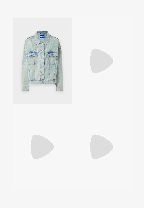 Light blue denim jacket with a cropped design, two chest pockets, silver buttons, and subtle logo pattern throughout.; Black cotton t-shirt with a crew neckline, short sleeves, and an embroidered logo on the chest. Simple, relaxed fit with no patterns.; Wide-leg pants in light cream fabric, featuring side pockets, a flat front, and a single button closure at the waist. Smooth texture.; Black leather slingback heels with a pointed toe, featuring a slim heel and a gold-tone accent on the adjustable strap. Smooth texture.