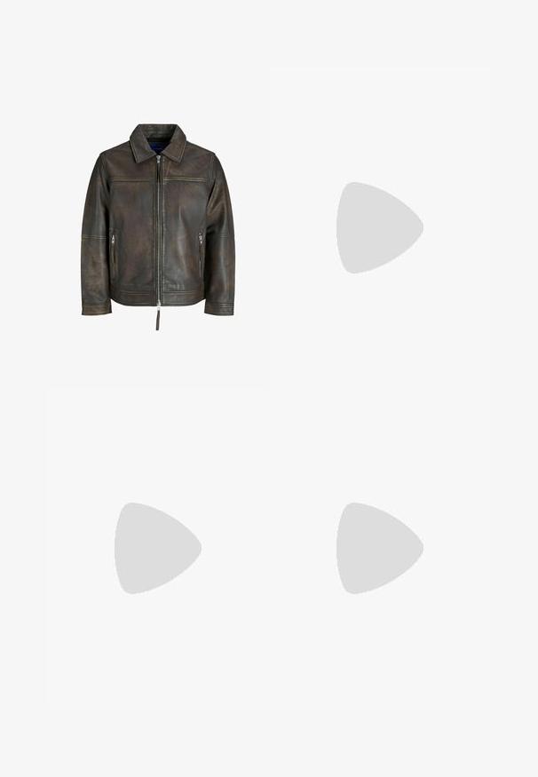 Brown leather jacket with a zip front, flat collar, and two zippered pockets. Features a slightly distressed texture and tailored fit.; Red checkered long-sleeve shirt with a pointed collar, button closure, and a chest pocket. Material appears soft with a slight texture.; Light blue wide-leg jeans made of denim, featuring a high waist, front button closure, and minimalistic design with no patterns.; Dr. Martens ADRIAN UNISEX - Slip-ons - cherry red arcadia