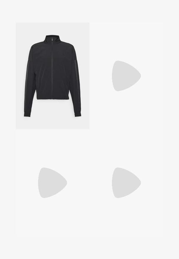 Black athletic jacket with a stand-up collar, front zipper, side pockets, and contrasting vertical stripes on sleeves, made from lightweight fabric.; Black short-sleeve T-shirt made of soft fabric. Features a white Adidas logo and contrasting white stripes along the sides.; Black leggings made of stretchy material with white side stripes and a small reflective logo on the upper left side.; Black athletic shoes with white stripes, textured mesh upper, and a white sole. Worn with pink leggings, showcasing training apparel.