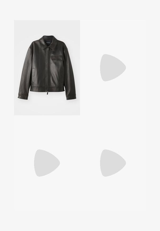 Black leather jacket with a collar, front zipper, and two side pockets. Features a chest pocket with flap detail and smooth texture.; Long-sleeve shirt in a taupe color, made of smooth fabric, featuring a button-up front and dark buttons, with a small logo on the chest.; Black trousers made of smooth fabric, featuring a straight leg design, front pockets, a single button closure, and no visible patterns.; Beige suede slip-on loafers with a gathered design, featuring a flat sole and a decorative strap across the vamp. Smooth texture.