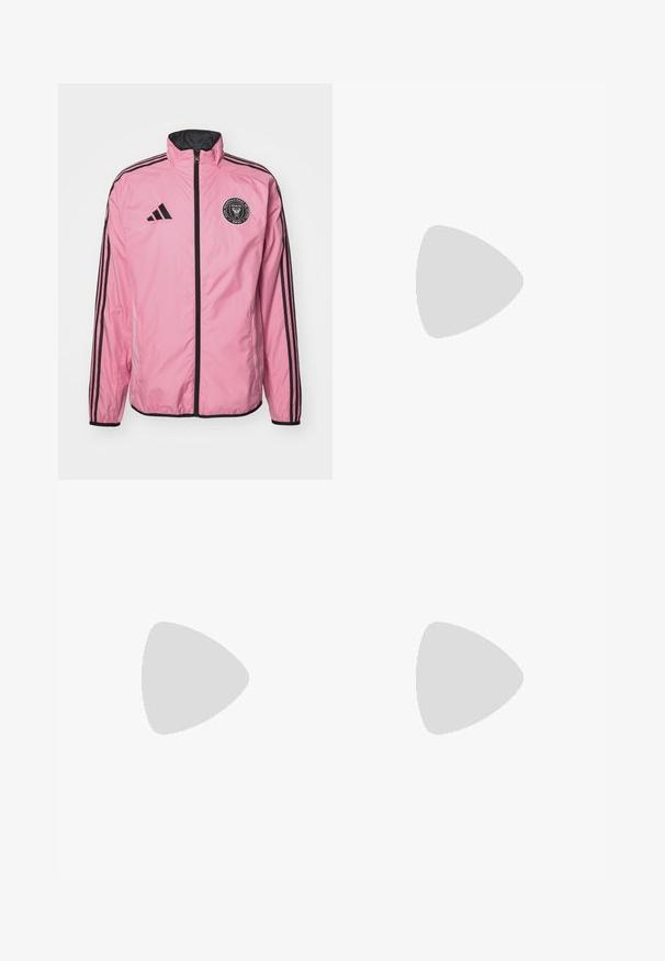Giacca a vento rosa con zip nera, accenti neri e tre strisce nere lungo le maniche. Presenta un logo circolare sul petto.; T-shirt sportivo nero con strisce laterali bianche e logo Adidas. Caratterizzato da un colletto tondo e maniche corte, realizzato in un tessuto leggero e liscio.; Pantaloni sportivi neri con vita elastica, gamba dritta e un piccolo logo bianco sul lato inferiore. Realizzati in tessuto morbido e texture.; Scarpa sportiva nera con strisce bianche, tomaia in rete, punta arrotondata e suola ammortizzata. Presenta un tallone testurizzato e un sistema di allacciatura sicuro.