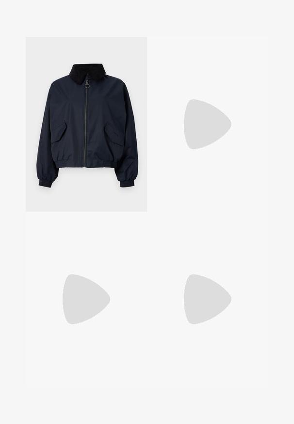 Navy blue bomber jacket with a corduroy collar, elastic cuffs, and two side pockets. Front zipper opening. Smooth texture, relaxed fit.; White cropped T-shirt, short wide sleeves, soft cotton material, round neckline with subtle orange trim, minimal design, no patterns or graphics.; Wide-leg pants in light cream fabric, featuring side pockets, a flat front, and a single button closure at the waist. Smooth texture.; Sneakers with a white leather upper, black suede accents, and a textured rubber sole. Features a lace-up design and stitched detailing.