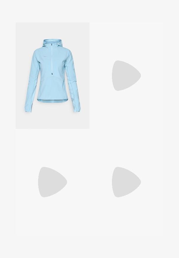 Casaco de pullover azul claro com capuz, fecho à frente, mangas longas, tecido texturizado e costura contrastante. Inclui um pequeno logotipo no peito.; Top atlético preto com decote redondo, apresentando um logotipo branco no peito e detalhes listrados brancos nas laterais. Tecido de textura suave.; Calções atléticos pretos feitos de material leve, com um cós largo, riscas brancas nas laterais e um pequeno logotipo branco na bainha inferior.; Sapatilha de corrida azul clara com riscas brancas, parte superior texturizada, colarinho almofadado e detalhes verde-amarelo na sola e nos atacadores.