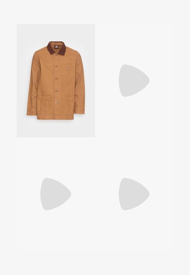 Tan jacket with a brown corduroy collar. Features silver buttons, a chest pocket, and two front pockets. Durable fabric and simple design.; White cotton t-shirt with short sleeves, round neckline, and a smooth texture. Simple design with no patterns or graphics.; Blue denim jeans with a straight cut, five-pocket design, metal button closure, and visible stitching along seams and hem.; Black leather loafer with a tasseled accent, featuring a chunky black sole and yellow stitching along the edge. Textured finish.