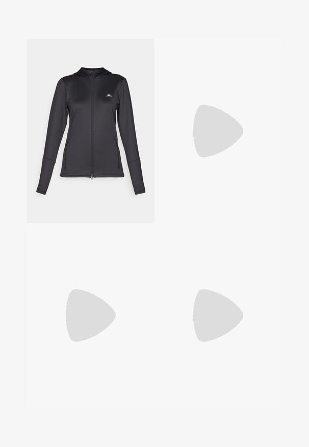 J.LINDEBERG Sports AERIAL FULL ZIP - Casaco de treino - black; Camisa polo de algodão branca com um colarinho clássico, mangas curtas e um logótipo bordado em azul-marinho no lado esquerdo do peito. Placket com cinco botões.; Calças brancas de perna larga com uma cintura alta, apresentando um fecho de botão e detalhes de costura discreta. Feitas de algodão com uma textura suave.; Sapatilhas brancas desportivas com um upper de malha texturizada, detalhes em prata e uma sola leve com pequenos pinos de tração, rotuladas "ULTRA FLIGHT."