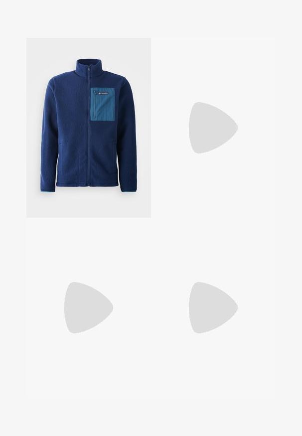 Navy fleece jacket with a high collar, featuring a contrasting blue zippered chest pocket and two side pockets. Soft, textured fabric.; Black short-sleeve T-shirt made from lightweight fabric. Features a small white logo on the left chest and subtle shoulder accents.; Black athletic pants made from lightweight fabric, featuring a drawstring waistband, side pockets, and tapered cuffs at the ankles.; Black trail running shoe with a textured upper, rubber sole, and reinforced toe cap. Features a padded collar and pull tab for easy wear.