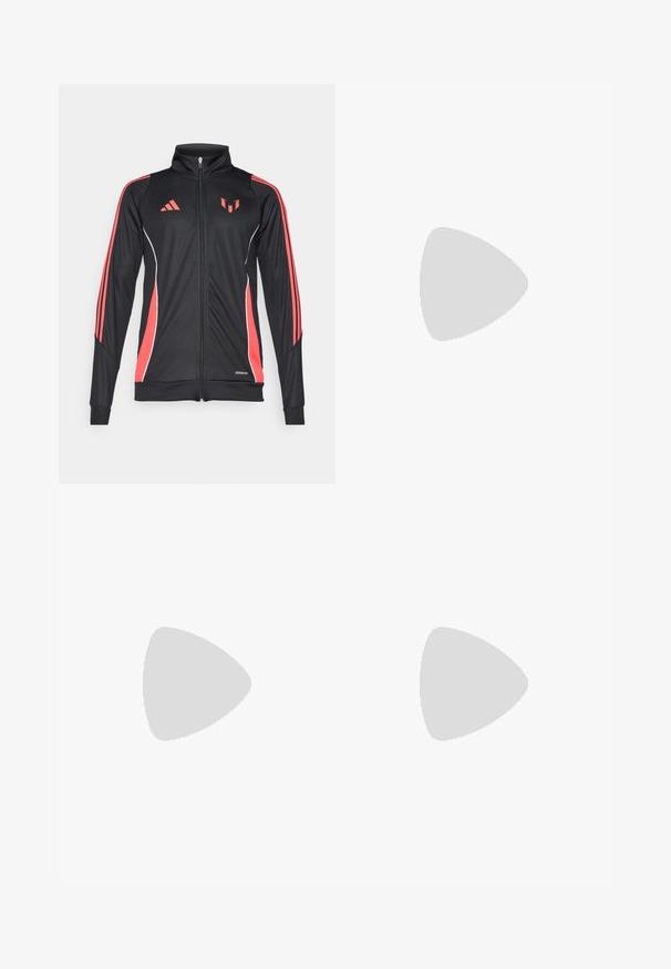 Chaqueta deportiva negra con acentos rojos, cierre de cremallera, cuello alto y ribetes blancos. Presenta tres franjas verticales en las mangas. Marca Aeroready visible.; Camiseta atlética blanca con rayas verticales negras y acentos rojos en los hombros. Presenta tecnología AeroReady para la gestión de la humedad.; Pantalones cortos deportivos negros con paneles laterales rojos, ribete blanco, cinturilla elástica y un logo en la parte inferior de la pierna izquierda.; Zapatillas de cuero blancas con puntera de ante gris, tres franjas horizontales blancas, acento azul y suela de goma marrón. Detalle texturizado en la suela.