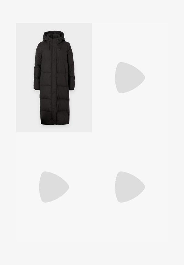 Black puffer coat with a hood, featuring a long design, quilted texture, drawstring accents, and ribbed sleeve cuffs.; White sleeveless tank top made of ribbed fabric, featuring a rounded neckline and a fitted silhouette, with minimal seams and no embellishments.; Light blue, high-waisted straight-leg jeans with a button fly and front pockets, displayed against a white background.; Black suede and leather sneaker with a cream side swoosh and light cream heel. Features beige laces and a gum rubber outsole.