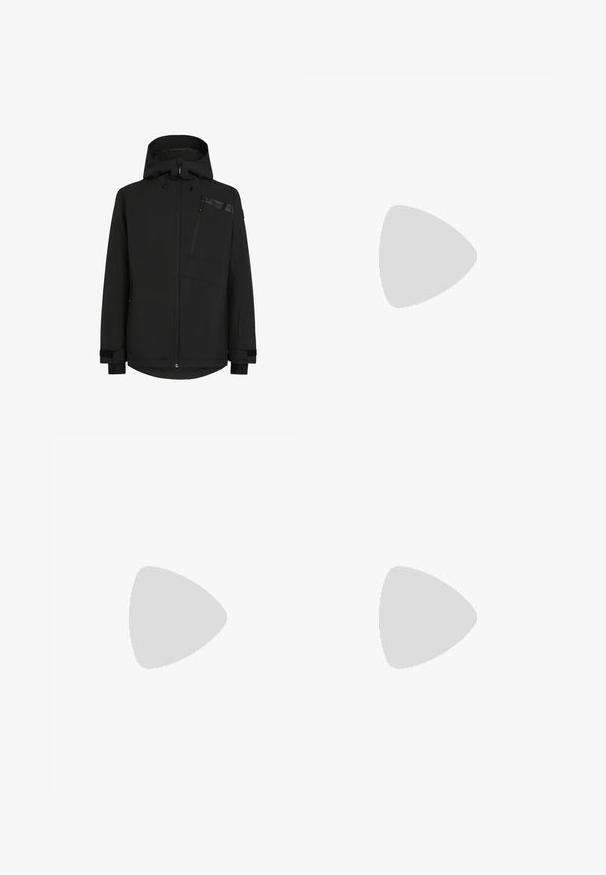 Black jacket with a hood, zippered front, and chest pocket. Features textured fabric with elastic cuffs and a slightly extended back hem.; White short-sleeve athletic shirt made of smooth fabric. Features a crew neck and gray logo on the left chest, with side slits at the hem.; Black athletic shorts with an elastic waistband featuring white branding. Made from lightweight material with a smooth texture and no visible patterns.; Black and gray athletic shoe with a mesh upper, reflective accents, and a white midsole. Features textured rubber outsole and laces.