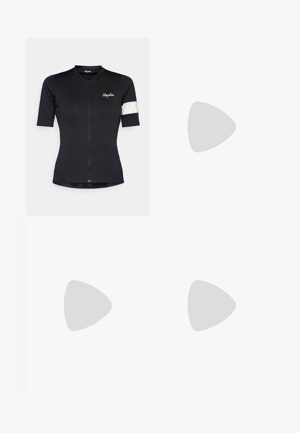 Svart sykkeltrøye med halv glidelås, korte ermer, og en hvit stripet detalj på venstre arm. Laget av et elastisk stoff.; Ermeløs tanktop i lys beige, med et teksturert mesh-design, rund hals og et lite hvitt merke på midten av bakstykket.; Letteidige treningsshorts i en gradient av blått og pastellfarger. Har elastisk midje og teksturerte mønstre detaljer.; Hvite sportsko med teksturert overdel, polstret krage og snøring. Har en buet såle og subtil merkevare på siden.