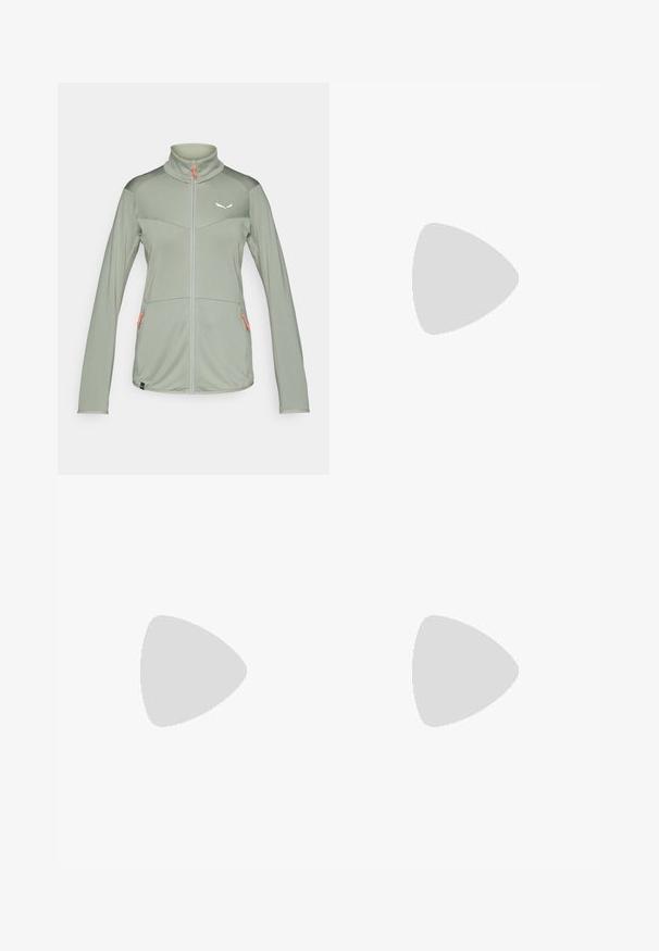 Lys grøn zip-up jakke med høy krage, teksturert stoff, to frontlommer med oransje glidelåser, og et logo på brystet.; Svart bomull t-skjorte med rund hals og korte ermer. Fremtredende hvit logo øverst til venstre. Glatt tekstur, avslappet passform.; Svart høy midje leggings laget av elastisk materiale, med en glatt tekstur og hvit logo trykket langs venstre ben.; Sorte turstøvler med mid-topp design, som har en teksturert overdel, grå detaljer og slitesterk gummisåle med godt grep.