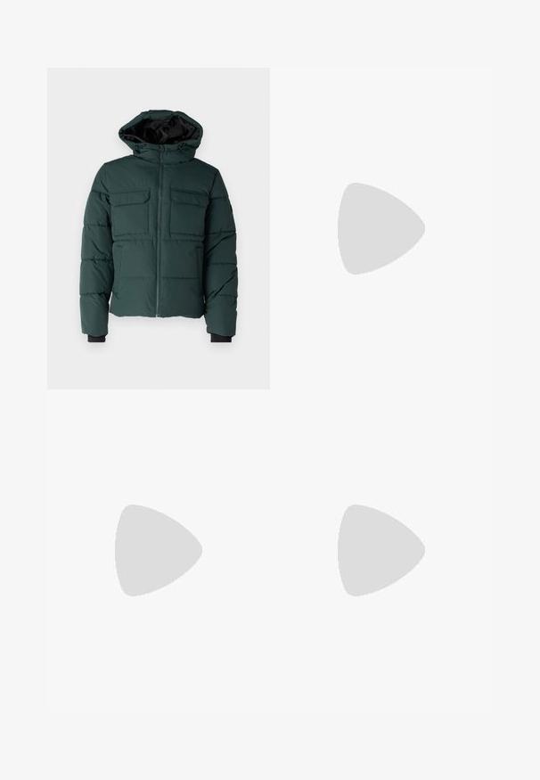 Green puffer jacket with a hood, front zipper, and two chest pockets. Features elastic cuffs and a textured finish. Lined interior.; Two polo shirts: one navy blue and one white, both with a small red, white, and blue accent on the chest pocket and collar.; Dark blue denim jeans with a slim fit, subtle fade, five pockets, and a metal button closure. Stitched accents in contrasting color.; White athletic shoes made of synthetic material. Features smooth texture, rounded toe, lace-up design, and striped accents on the sides.