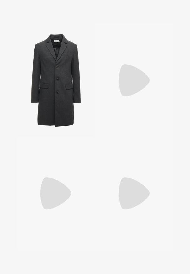 Dark gray wool blend overcoat with a single-breasted design, notch lapels, and two front pockets. Features six buttons on the front.; Black long-sleeve button-up shirt made of cotton with a pointed collar, front buttons, and a classic fit. Smooth texture, no patterns.; Two pairs of classic pants: one grey cotton blend, one black cotton blend. Both feature a tailored design with belt loops and a smooth finish.; Black leather sneaker with a white rubber sole, featuring flat laces and branded eyelets. Soft texture with a contrasting side accent.