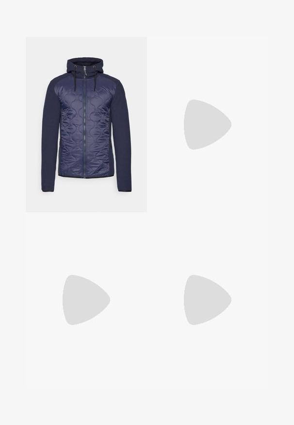 Icepeak PURVIS - Fleecová bunda - dark blue; Černé tričko s krátkým rukávem vyrobené z lehkého materiálu. Má malé bílé logo na levé části hrudi a decentní akcenty na ramenech.; Černé sportovní kalhoty vyrobené z lehké tkaniny, s páskem na šňůrku, bočními kapsami a zúženými manžetami na kotnících.; Šedá trailová běžecká bota s texturovaným svrškem, odolnou gumovou podrážkou a vyztuženou špičkou. Obsahuje tkaničky a logo značky na straně.