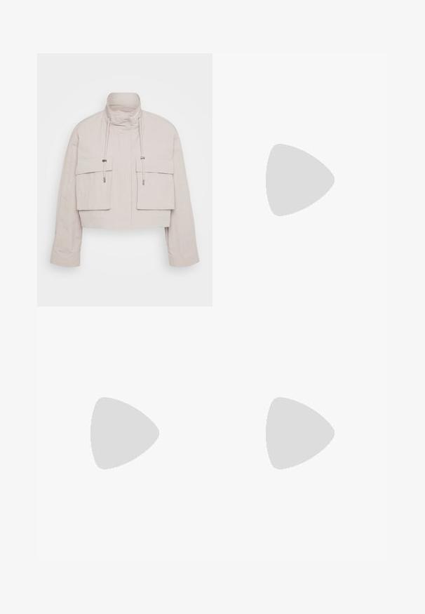 Cropped jacket in light beige fabric with a high collar, two front flap pockets, and adjustable drawstrings for a secure fit.; Even&Odd Petite 2 PACK - Top - light grey/black; Black, lightweight, wide-leg pants with an elastic waistband and drawstring. Smooth texture, no visible patterns or accents.; Black leather midi skirt with a smooth texture; features a waistband and side pockets. Paired with glossy black heeled shoes.; Tortoiseshell sunglasses with rectangular brown lenses, a thick frame, and slim arms featuring a pattern of varying shades of brown.; Silver hoop earrings featuring a bow design, with a smooth finish and a polished texture. Compact, minimalist style suitable for various occasions.