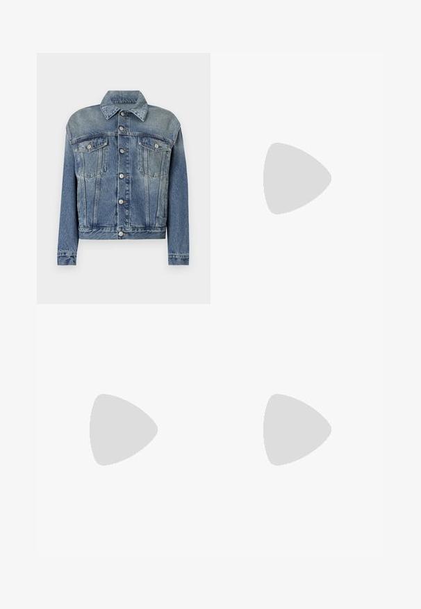 Blue denim jacket with a classic design, featuring a point collar, front button closure, and two chest pockets. Distressed texture throughout.; White cotton t-shirt featuring bold black text with brand name, location, established date, and slogan in a circular layout. Round neckline.; Burgundy tailored trousers made of lightweight fabric, featuring a straight leg, belt loops, and a smooth finish. No visible pockets or embellishments.; Black leather high heel shoe with a pointed toe and a thin heel, featuring a smooth texture and a sleek design.