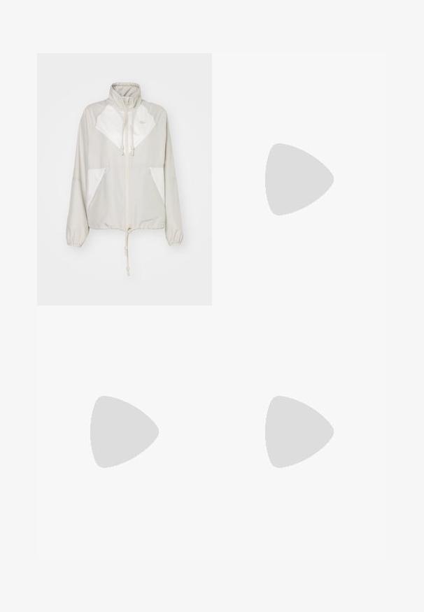 Light grey windbreaker jacket with white accents, high neck, drawstring waist, elastic cuffs, and two front pockets. Lacoste logo displayed.; Black cotton t-shirt with a round neckline, short sleeves, and a small green embroidered logo on the left chest. Simple design.; Black wide-leg pants with an elastic waistband. Made from a soft, lightweight material. Features vertical seams along the front.; Beige suede sneakers with a white leather heel and rubber gum sole. Features laces and a crocodile logo on the side. Simple design.