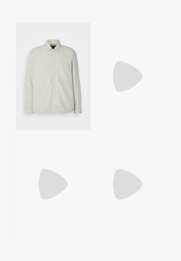 Light gray long-sleeve shirt with a button-down collar, two chest pockets, and a relaxed fit. Smooth fabric with a subtle texture.; White cotton T-shirt with short sleeves, featuring a black "BOSS" logo centered on the chest and a round neck design.; Beige cotton trousers with a straight-leg cut, featuring a button closure and pleats at the front for added detail.; White leather sneakers with a smooth finish, round toes, white laces, and a minimalist design. Worn with light brown, tapered pants.