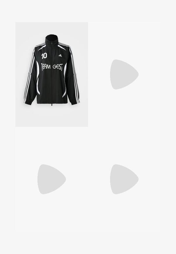 Czarna kurtka sportowa z białymi paskami, logo "TEAM GEIST" oraz numerem 10. Posiada wysoki kołnierz i elastyczne mankiety. Wykonana z lekkiego materiału.; Biała bawełniana koszulka z krótkim rękawem i okrągłym dekoltem. Ma czarne logo Adidas na piersi oraz kontrastowy czarny wewnętrzny kołnierzyk.; Kremowe dresy o luźnym kroju, z ciemnobrązowymi paskami po bokach i wyhaftowanym logo na lewej udzie.; Białe skórzane sneakersy z czarnymi paskami, gumowa podeszwa, okrągły czubek, sznurowane zapięcie oraz miękką szaro-suede'ową osłonę czubka.