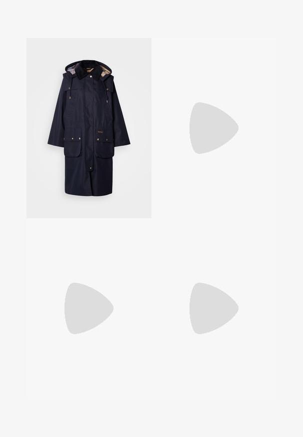 Navy waterproof parka with hood, featuring gold hardware, two front pockets, and a plaid lining. Includes a cord adjustable neckline.; White button-up shirt made of smooth cotton with a classic collar, long sleeves, and a subtle logo on the chest. Features front button closure.; Blue flared jeans with a faded wash, five pockets, and a button closure. Material shows a denim texture with subtle stitching details.; Tan suede ankle boot with round toe, stitched detailing, pull tab on back, and a textured rubber sole. Designed for comfort and warmth.