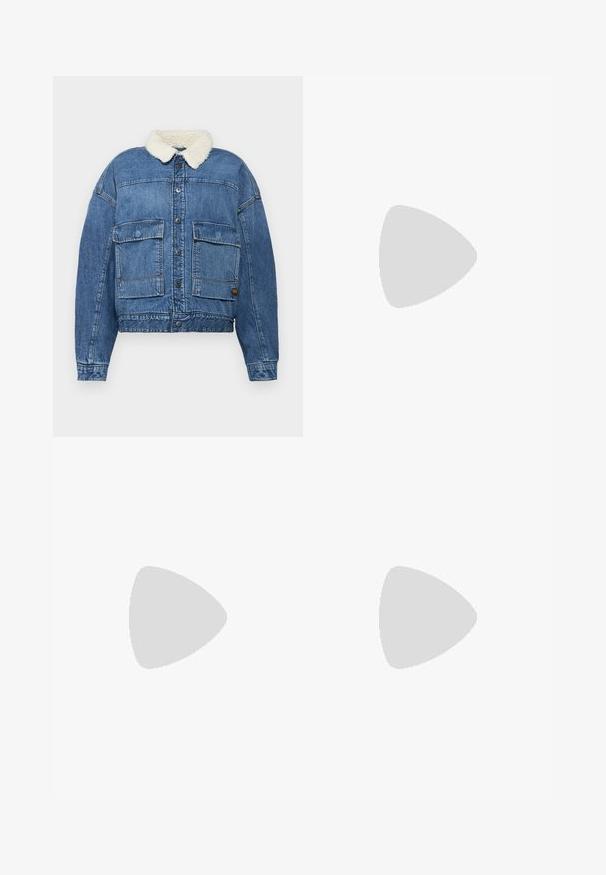 G-STAR DRIFTER JACKET  - Denim jacket - faded cliffside blue; White cotton t-shirt with short puff sleeves, featuring small silver embellishments along the sleeves. Classic round neckline, relaxed fit.; Black flared jeans made of denim. Features a button closure, five pockets, and a smooth texture. The flared leg starts below the knee.; Navy blue sneaker with a textured fabric upper, white platform sole, rounded toe, and black heel accent. Features six eyelets for laces.