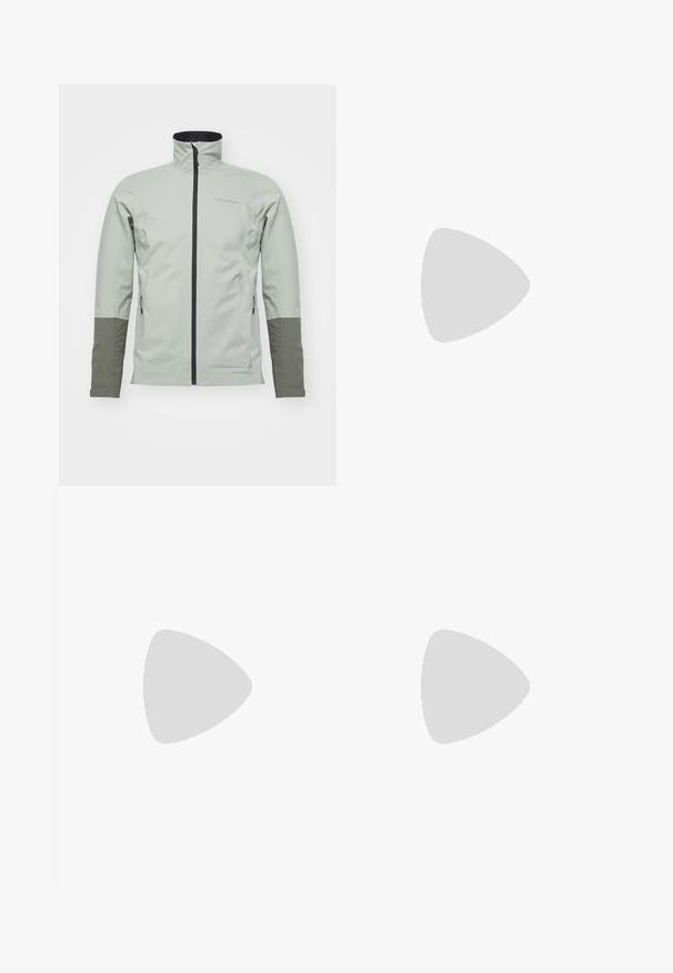 Peak Performance JACKET - Softshellová bunda - limit green/pine needle/; Černé tričko s krátkým rukávem vyrobené z bavlny, s kulatým výstřihem a malým bílým logem na horní levé části hrudi.; Černé sportovní kalhoty vyrobené z lehké tkaniny, s páskem na šňůrku, bočními kapsami a zúženými manžetami na kotnících.; Černé trailové běžecké boty s texturovaným svrškem, gumovou podrážkou a vyztuženou špičkou. Obsahují polstrovaný límec a poutko pro snadné obouvání.