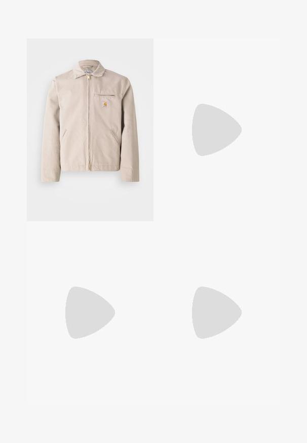 Light beige jacket made of cotton, featuring a zip closure, point collar, front pockets, and a fabric logo patch on the chest.; White cotton t-shirt with short sleeves, rounded neckline, relaxed fit, and no visible logos or patterns. Smooth texture and minimal design.; Black cargo pants with a straight leg design, made from durable fabric, featuring side pockets and a patch logo on the left side.; Nike Air Jordan 1 sneakers in white and gray leather, featuring a black logo, perforated toe, and flat gray laces.