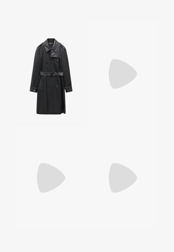 Trench coat negru, cu două brâuri, din piele, având talie cu centură, guler mare și buzunare laterale. Textură netedă cu accente șlefuite.; Două bluze cu mânecă lungă și guler înalt, una albă și una neagră, realizate dintr-un material neted și elastic, ambele având un design slim-fit.; Fustă neagră dintr-un material neted, cu un elastic în talie, croială dreaptă și o fenta laterală pentru a facilita mișcarea.; Botine negre din piele, până la genunchi, cu o textură netedă, vârf rotund, panou lateral și toc gros.