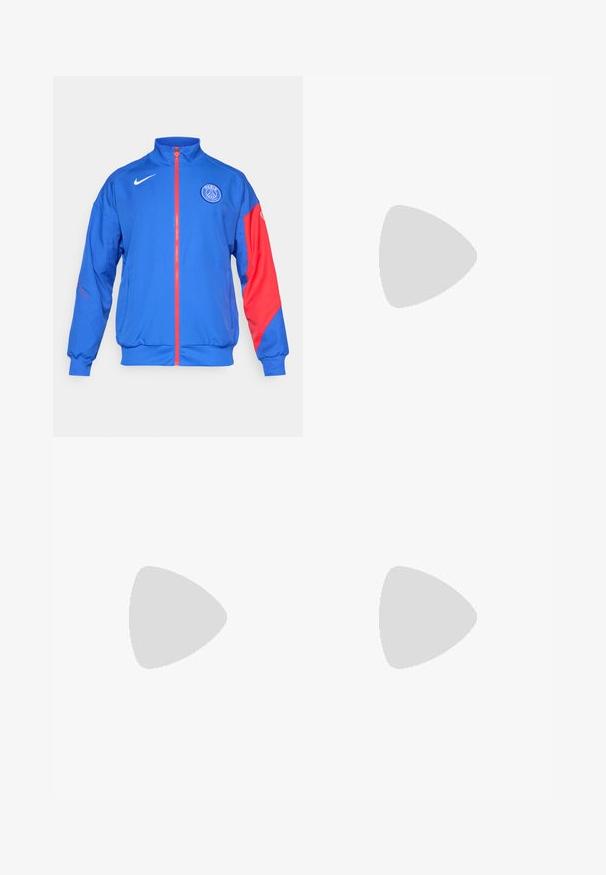 Blue sports jacket with red accents, full zip, high collar, elastic cuffs, and side pockets. Features "Paris" and logo on front.; Two white tank tops, ribbed texture, featuring blue and green embroidered logos. One has a sun design, the other a palm tree.; Black wide-leg sweatpants made from a soft fabric. Features an elastic waistband with a drawstring and side pockets. Smooth texture.; Black leather chelsea boot with smooth finish, elastic side panels, rounded toe, and thick rubber sole, positioned above a wooden surface.; Navy blue backpack with a rounded top, featuring a front zipper pocket, Nike logo, and circular blue and white team emblem.