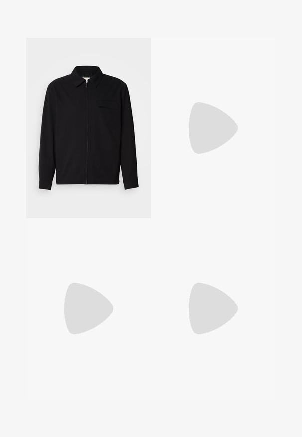 Black long-sleeve shirt featuring a collared neckline, front zip closure, and a chest pocket. Made of textured fabric with a relaxed fit.; White cotton t-shirt with short sleeves, crew neck, featuring a black CK logo on the left chest area, standard fit, smooth texture.; Black cotton pants with a straight-leg design, featuring a button closure and belt loops. Smooth texture and minimalistic style with no visible patterns.; Black leather sneakers with white rubber sole. Features round toe, lace-up design, and logo detail on the side. Rear accent in white.