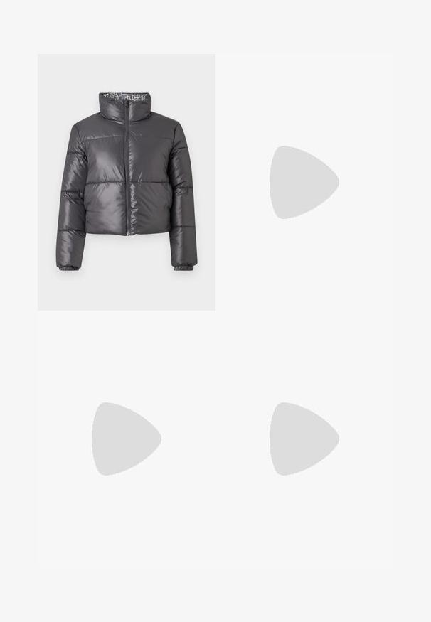 Black puffer jacket with a high collar, zip front, and quilted sections. Features a smooth, shiny exterior and a patterned lining.; Two long-sleeved shirts: one black and one white. Both feature a crew neck, raglan sleeves, and a soft cotton blend fabric.; Black wide-leg sweatpants made from soft fabric, featuring an elastic waistband and a small logo on the left side.; Black leather sneaker with white stripes, rubber toe cap, black laces, and a cream-colored outsole. Smooth texture with shiny finish.
