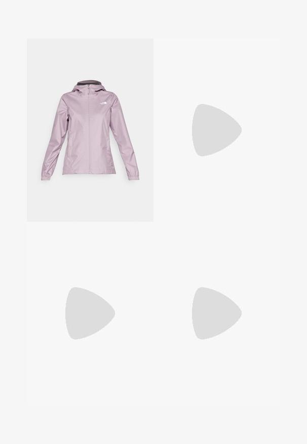 The North Face QUEST JACKET - Waterproof jacket - purple chalk; Black cotton t-shirt featuring a crew neckline and short sleeves. Notable white logo on the upper left side. Smooth texture, casual fit.; Black nylon zip-off cargo trousers with adjustable cuffs, multiple pockets, and a logo on the right leg. Smooth, lightweight texture.; Black hiking shoes with a textured fabric upper, lacing system, and rugged rubber sole. Accented with reflective details and logos.